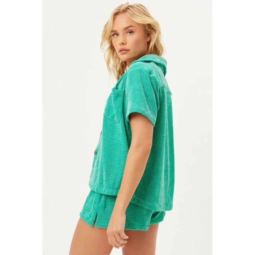 Frankies Bikinis Coco Sparkle Terry Button Up Shirt Mistletoe Green Large Beach